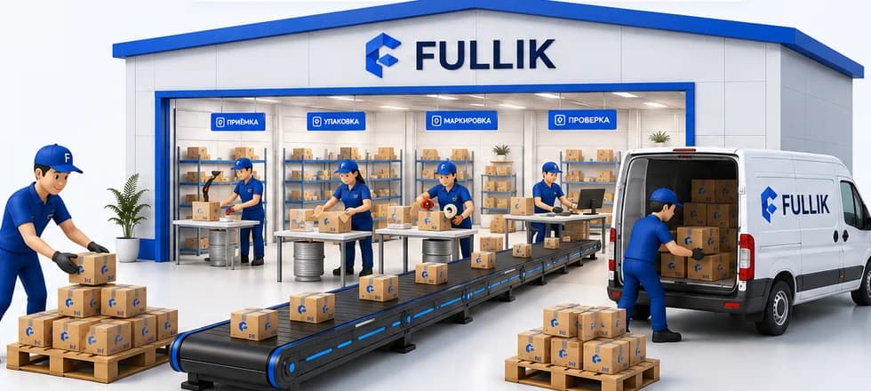 Склад FULLIK: сотрудник кладёт коробки на конвейер, внутри склада идут приёмка, упаковка, маркировка и проверка, второй сотрудник загружает белый фургон